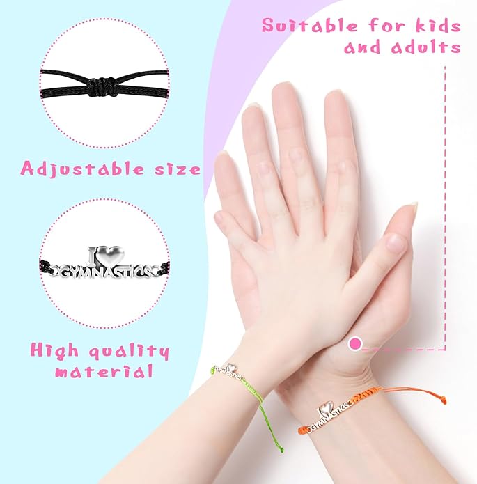 Sureio 48 Pcs Gymnastics Bracelet Gifts Bulk Adjustable Rope Braided Bracelets Christmas Gifts Gymnastics Jewelry Gymnastics Party Favors Supplies for Women Gymnasts