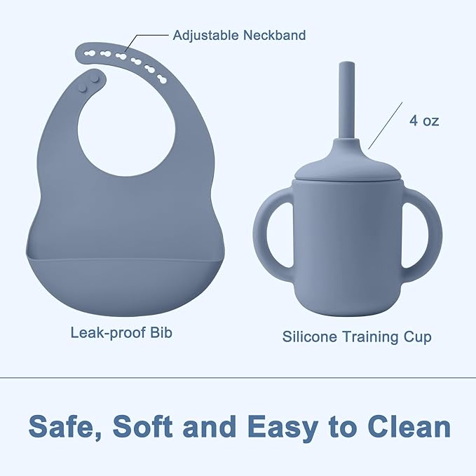 Silicone Baby Feeding Set 14 Pcs,Baby Led Weaning Supplies, Baby Spoons Suction Bowl Divided Plate Bib Cup Finger Brush,First Stage Solid Food Eating Utensils - 6+ Months(Blue Gray)