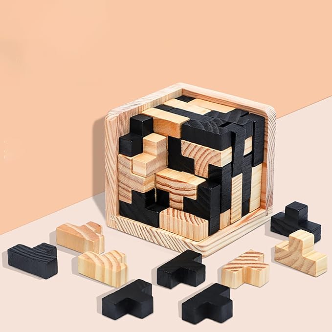 Wooden Brain Teaser Puzzle Cube Easter Basket Stuffers Wooden Puzzles T-Shaped Jigsaw Logic Puzzle Educational Toy for Kids and Adults by AHYUAN (Black and Natural)