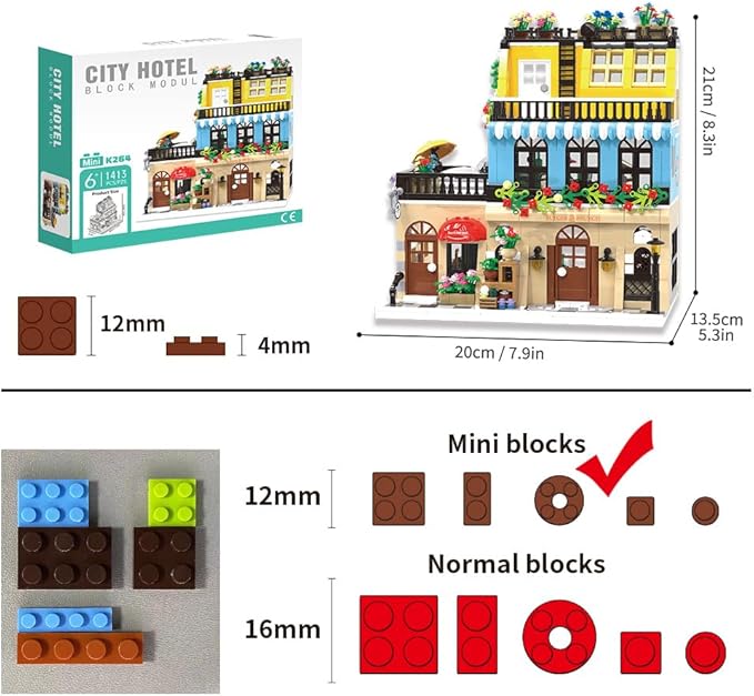 City Hotel Building Block Set with LED, Construction House Building Toy Gift for Adult Teen Age 14,Mini Bricks 1464pcs (Not Compatible with Lego)