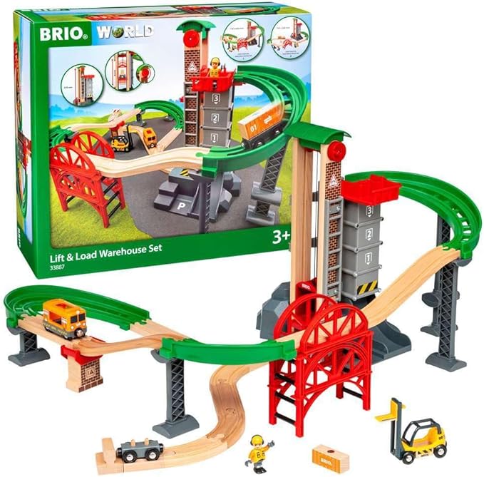 BRIO World 33887 Lift & Load Warehouse Set | 32 Piece Kids Train Toy Set with Wooden Tracks and Accessories | Interactive Design | FSC Certified Wood | for Ages 3 and Up