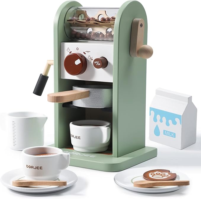 Dorjee Kids Coffee Maker Playset with Grinder, Play to Learn Coffee Making Routine, Stimulates Imaginative Pretend Play and Life Skills, Gifts for Toddler Girls and Boys, 14pcs in Wood
