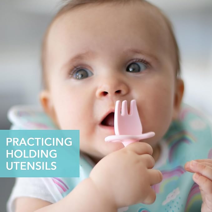 Bumkins Baby Utensils Set, Chewtensils Silicone Spoons for Dipping, Self-Feeding, Baby Led Weaning, Trainer Learning, First Stage Eating, Soft Practice Fork and Spoon, Babies 6 Months, Pink