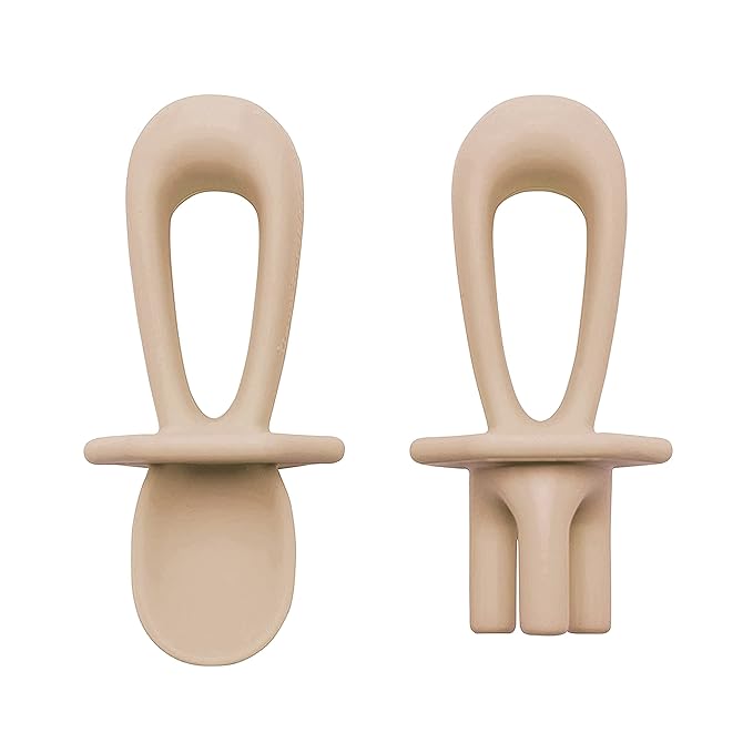 Tiny Twinkle Silicone Training Utensils - Baby Spoons and Baby Forks For Self-Feeding Training - Silicone Baby Led Weaning Utensils For Toddlers And Babies 6-24 Months - Baby Feeding Supplies (Sand)