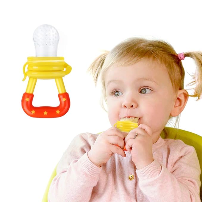 Baby Fruit Feeder by HAOBAOBEI, Frozen Teething Toys for Babies, Baby Fruit Pacifier Feeder with 3 Sizes Silicone Pouches, Baby Eating Essentials, BPA Free Baby Feeding Supplies -2 Pack (Pink Yellow)
