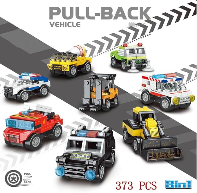 Pull Back Car Building Blocks Sets, Pull and Go, 3D Assembly Vehicles for Boys Building Block Car Toys Party Favor for Kids Age 6 7 8 9 10, 396 Pieces