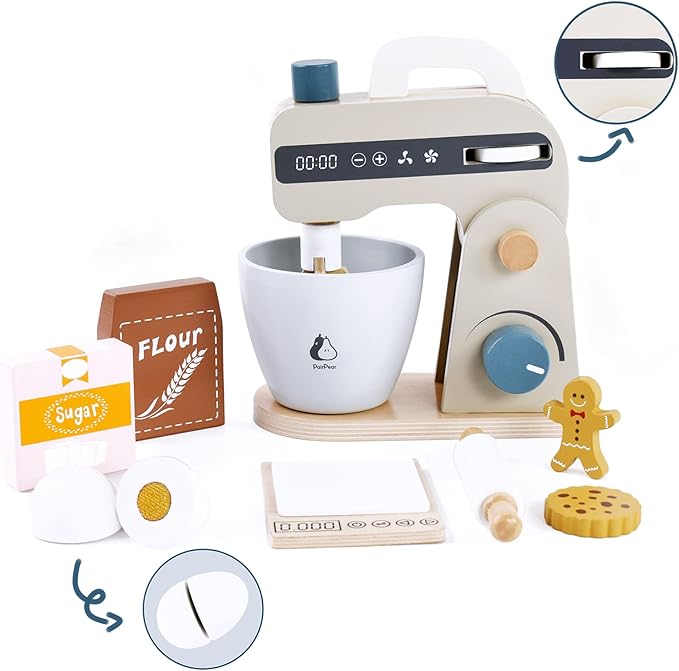 PairPear Play Food Stand Mixer, Wooden Toys Bake Cookies Playset, Multi-Function Play Kitchen Accessories for Kids Ages 3+