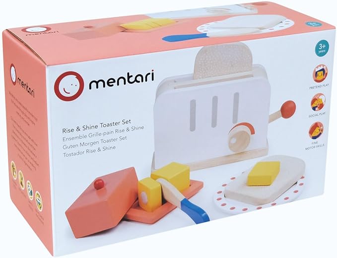 Mentari Toys - Rise and Shine Toaster Set - 10 Pcs Classic Wooden Pop Up Toaster Toy for Pretend Cooking - Develops Social, Creative & Imaginative Skills Learning Role Play - Age 3+
