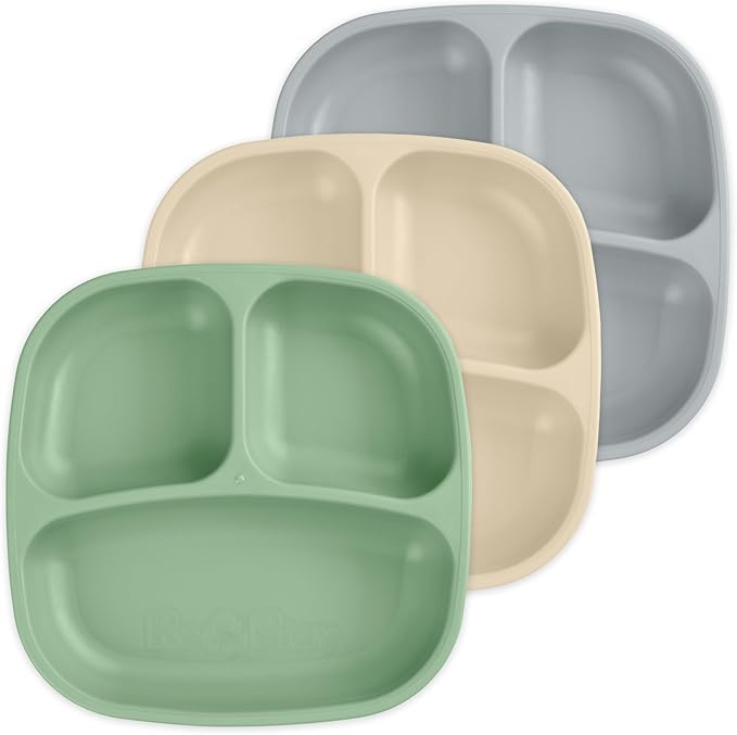 Re-Play Made in USA 7" Deep Walled Divided Plates for Kids, Set of 3 - Reusable 3 Compartment Plates, Dishwasher and Microwave Safe - 7.37" x 7.37" x 1.25", Sage Brush