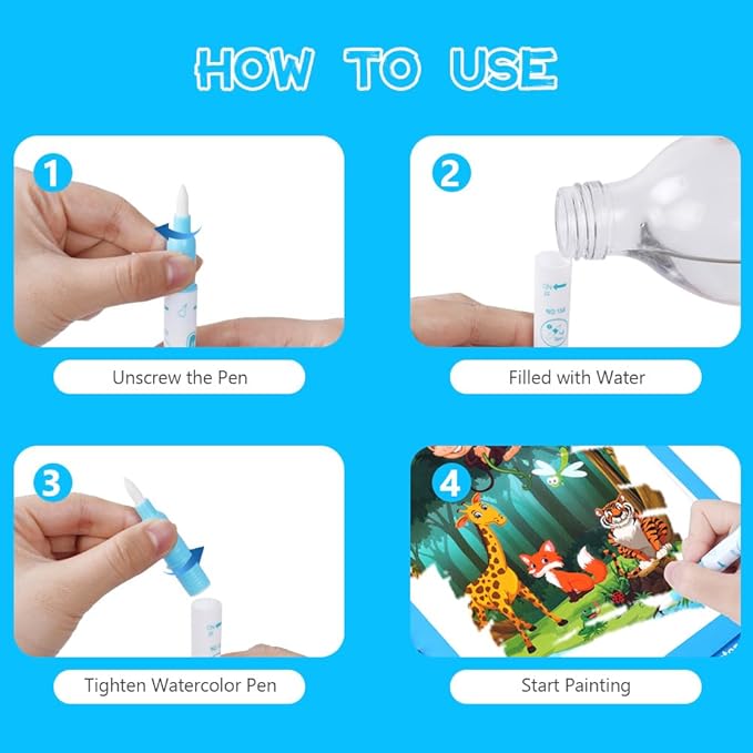 OSDUE 6 Pack Water Coloring Book for Toddler, Water Painting Book for Toddlers, Paint with Water Books, Educational Learning Doodle Toy, Reusable No-Mess Art Book Travel Toys & Xmas Gift for Kids