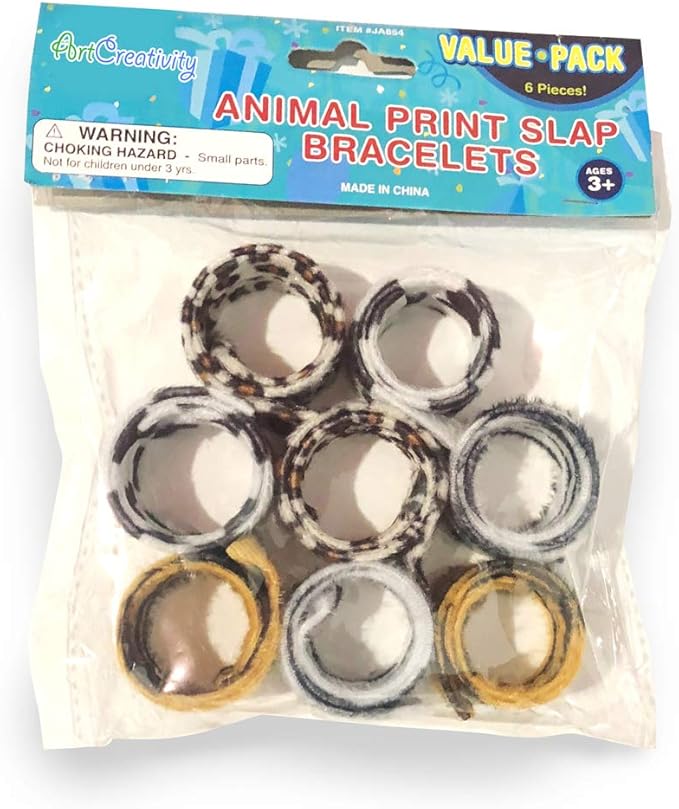 ArtCreativity Animal Print Slap Bracelets for Kids, Set of 8, Assorted Slap Bands with Zebra, Cheetah, Tiger, and Cow Prints, Zoo, Safari, and Animal Birthday Party Favors and Goodie Bag Fillers