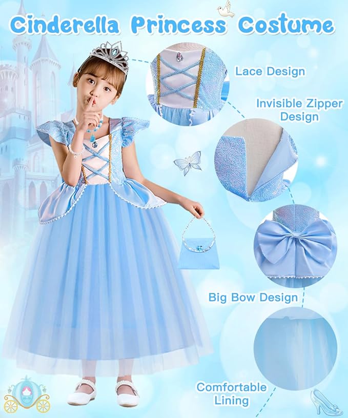 Princess Dress Up Clothes for Little Girls, Belle Costume Dress with Accessories for Birthday Party Cosplay Halloween