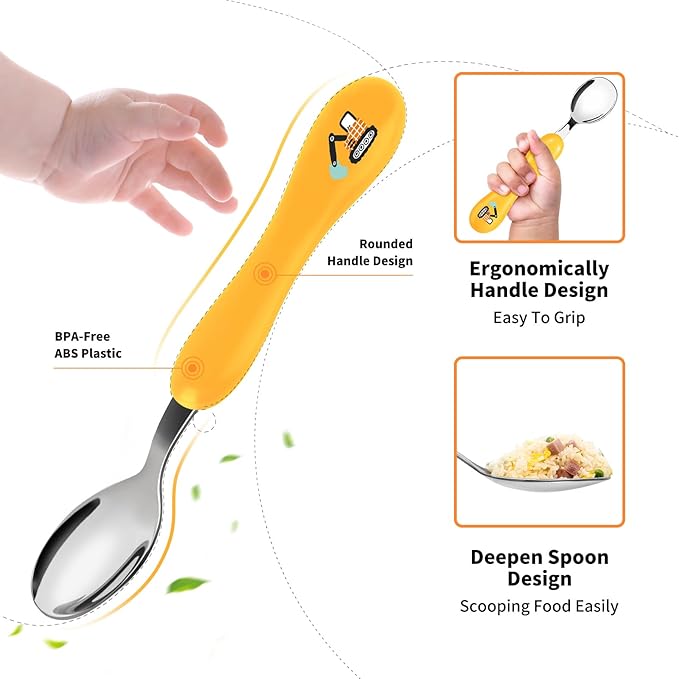 Lehoo Castle Toddler Fork and Spoon, 6pcs Toddler Utensils Kids Silverware, Safe Stainless Steel Toddler Fork Spoon Set, Children Flatware Set, Incudes 3 Spoons and 3 Forks (Engineering Vehicle)