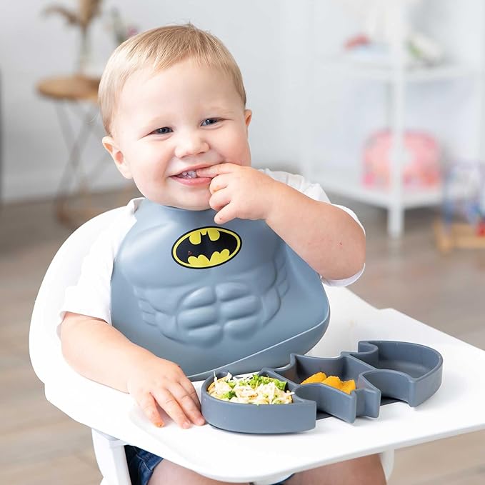 Bumkins Toddler and Baby Suction Plate, Silicone Grip Dish, Babies and Kids, Baby Led Weaning, Children Feeding Supplies, Non Skid Sticky Bottom, Platinum Silicone, Ages 6 Months Up, Batman Gray