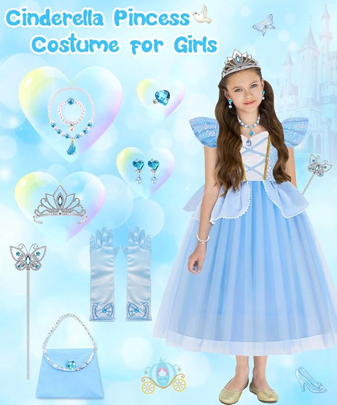 Princess Dress Up Clothes for Little Girls, Belle Costume Dress with Accessories for Birthday Party Cosplay Halloween