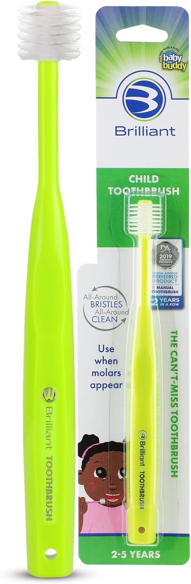 Brilliant Oral Care Child Toothbrush with Soft Bristles and Round Head, for a Kid Approved, Easy to Use All-Around Clean Mouth, Ages 2-5 Years, Lime, 1 Pack