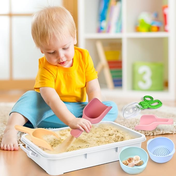 Madzee 7 Pieces Fine Motor Skill Toys for Children, 3 Silicone Scoops, 2 Nesting Bowls, 1 Tweezer, 1 Scooper - Sensory Bin Accessories