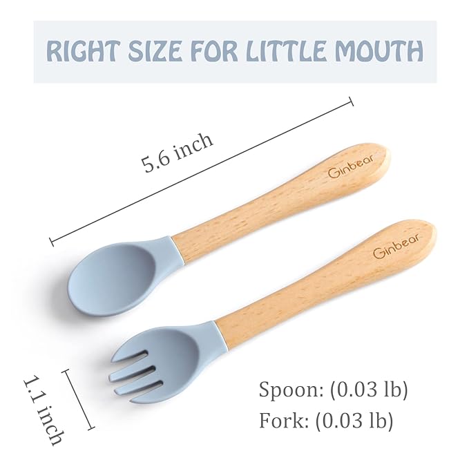 Ginbear Silicone Baby Spoon and Fork Self-feeding, Baby Flatware Sets for Boy, Toddler Feeding Utensils for Child 6 Months+ (Gray/Blue)