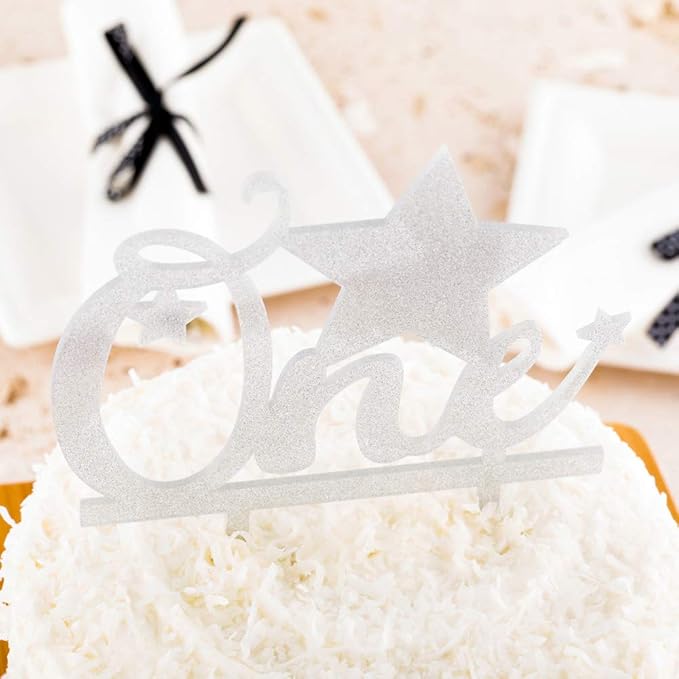Restaurantware Top Cake One Cake Topper 1 Piece With Glitter Stars 1st Birthday Cake Topper - Double Sided For Anniversaries And Parties Silver Acrylic 1 Cake Topper Event Supplies