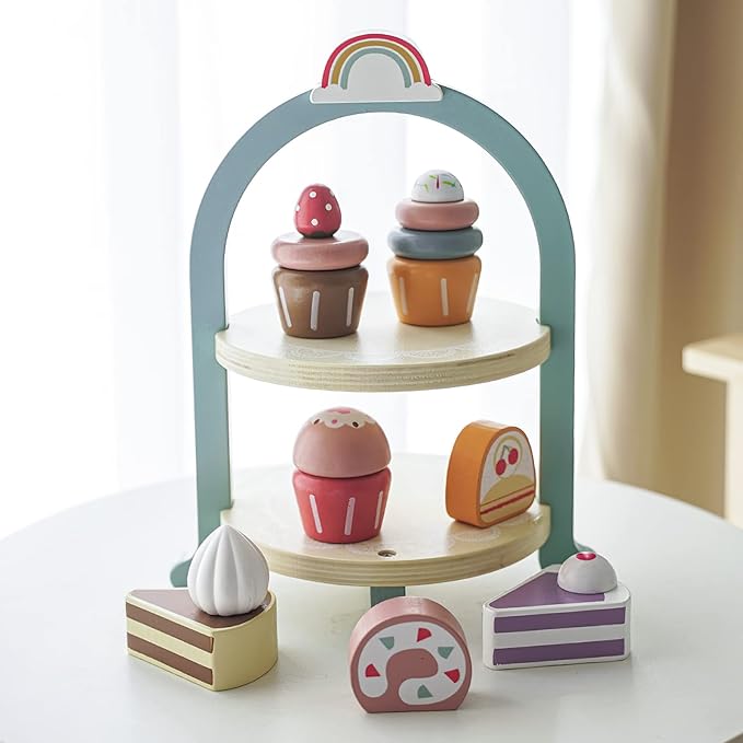 Wooden Dessert Cake Play Food Set Toys, Pretend Play Kids Tea Party Set for Little Girls Toddlers, Montessori Wooden Play Kitchen Accessories Sets for Kids