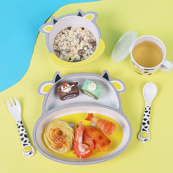 Bamboo Kids Dinnerware Set 5 Pcs Includes Plate Bowl Cup Fork Spoon Perfect for Kids BPA-Free (Cute Cow)