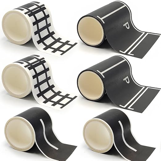dspitwod Road Tape for Toy Cars Trains Play 6-Pack Black Car Track Tape, Parking Spot Stick to Floors and Table Flat Surface,No Residue, for Kids Gift (TAPE6)