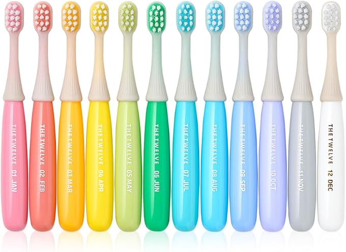 The Twelve Step2 Toddler Toothbrush Pastel – (Monthly Replacement Reminder), (Korean BBC Bristles), (12 Fun Rainbow Colors), Soft Tooth Brush for Ages 1-3, 12-Pack