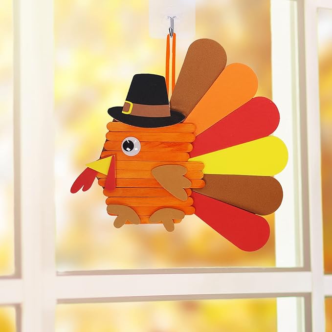 Winlyn 24 Sets Thanksgiving Craft Kits Fall Crafts DIY Give Thanks Thanksful Turkey Ornaments Decorations Art Sets Wood Craft Sticks Turkey Foam Stickers Googly Eyes for Kids Classroom Activities