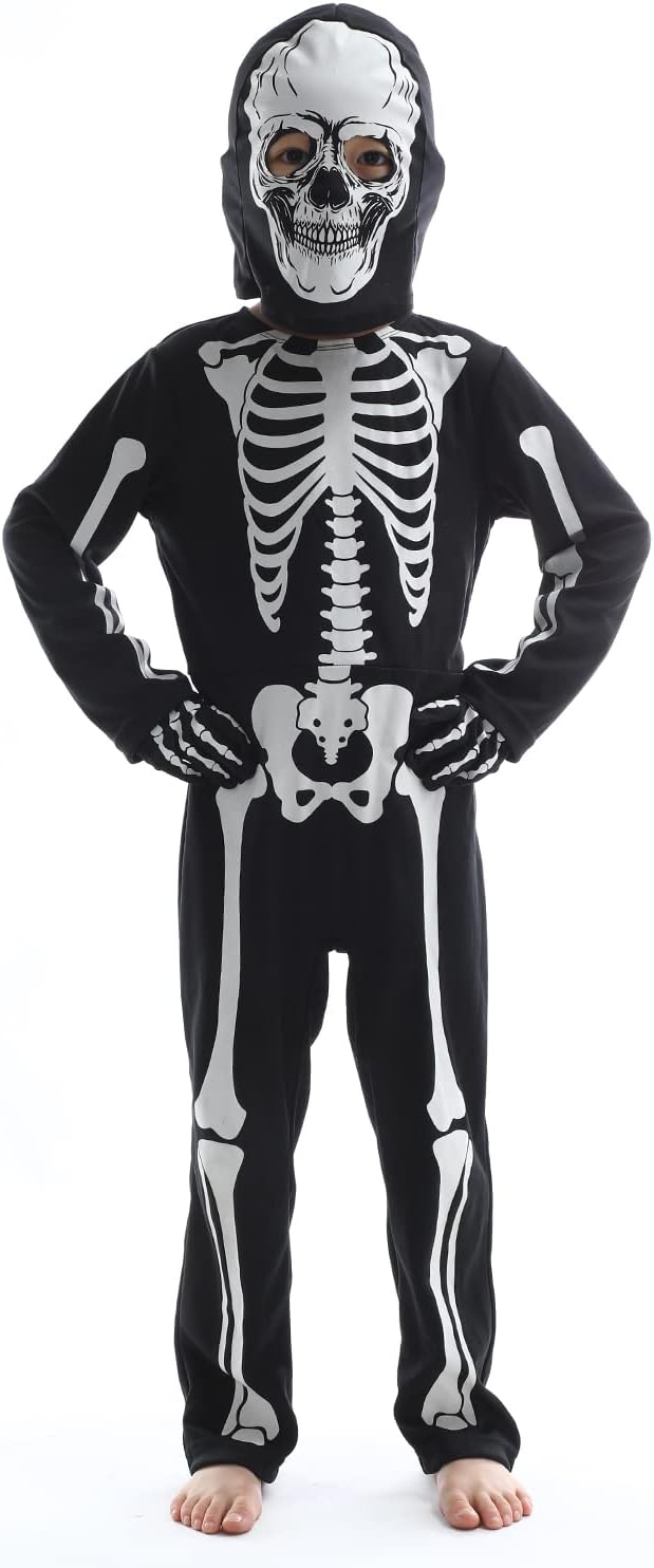 Leadtex Kids Glow in the Dark Skeleton Halloween Costume, All in One Skeleton Printed Jumpsuit with Hood and Gloves.