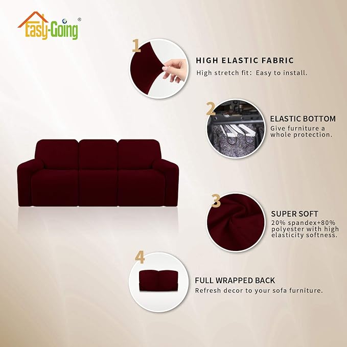 Easy-Going 8 Pieces Microfiber Stretch Sectional Recliner Sofa Slipcover Soft Fitted Fleece 3 Seats Couch Cover Washable Furniture Protector with Elasticity for Kids Pet(Recliner Sofa, Wine)