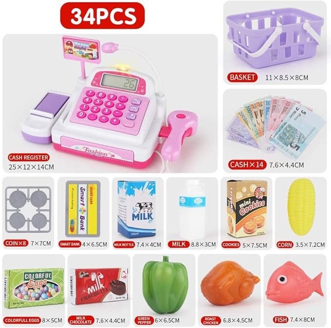 Cash Register Pretend Play Supermarket Shop Toys with Calculator ,Working Scanner,Credit Card ,Play Food ,Money and More(Color May Random)