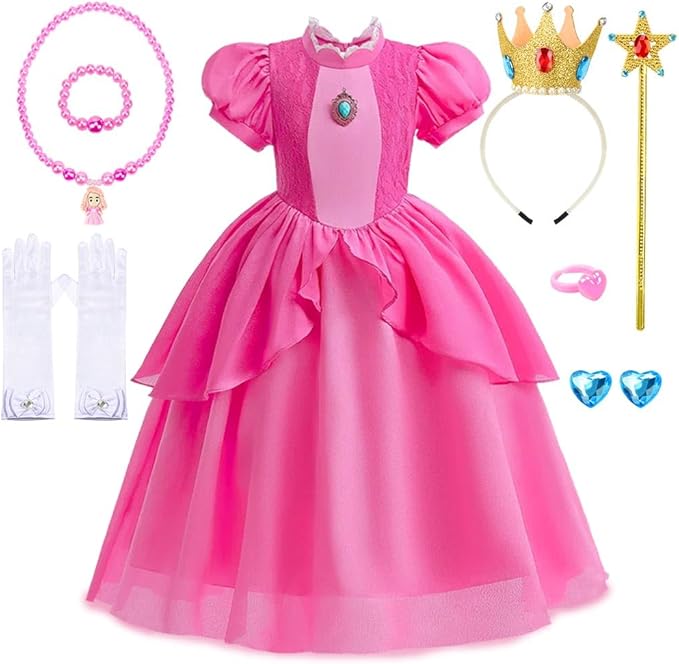 TOLOYE Princess Peach Costume for Girls,Princess Peach Dress with Accessories for Birthday Party Cosplay Halloween Christmas