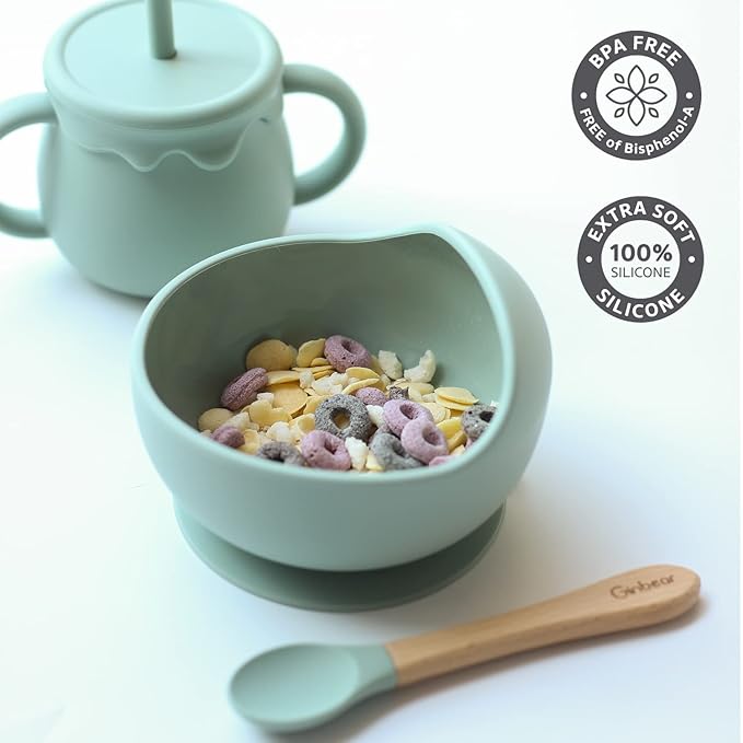 Ginbear Baby Bowls with Suction, Silicone Bibs, Baby Spoons, Baby Led Weaning Supplies, Toddler Feeding Set for Ages 6 Months+ (Hazy Green)