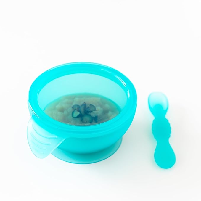 Bumkins Baby Bowl, Silicone Feeding Set with Suction for Baby and Toddler, Includes Spoon and Lid, First Feeding Set, Training Essentials for Baby Led Weaning for Babies 4 Months Up, Blue Jelly