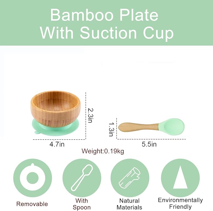 Baby Bowls and Spoons, Baby Bamboo Bowl and Spoon | Silicone Suction | Bamboo Baby Bowls for Baby | Baby Bowls First Stage | Baby Wood Bowls (Cyan-Blue)