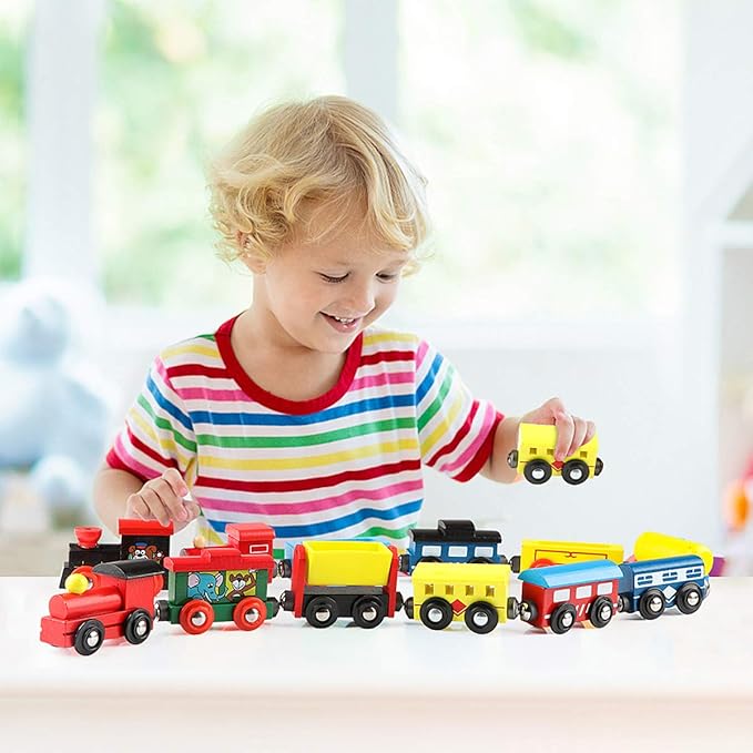 Wondertoys Wooden Train Cars 12 PCS Magnetic Train Sets Includes 3 Engines and Storage Bag - Wooden Train Set for Toddlers Compatible with Major Brands Train Set Tracks - Trains for Train Table