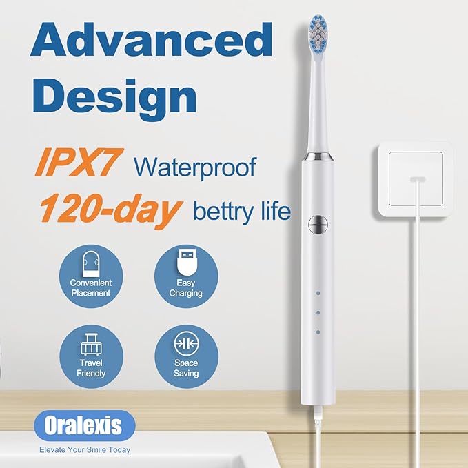 Electric Toothbrush for Adults and Kids, with Tongue Scraper and 8 Brush Heads, One Fast Charge Last 120 Days, 40000 VPM Deep Clean, Sonic Travel Toothbrush - White