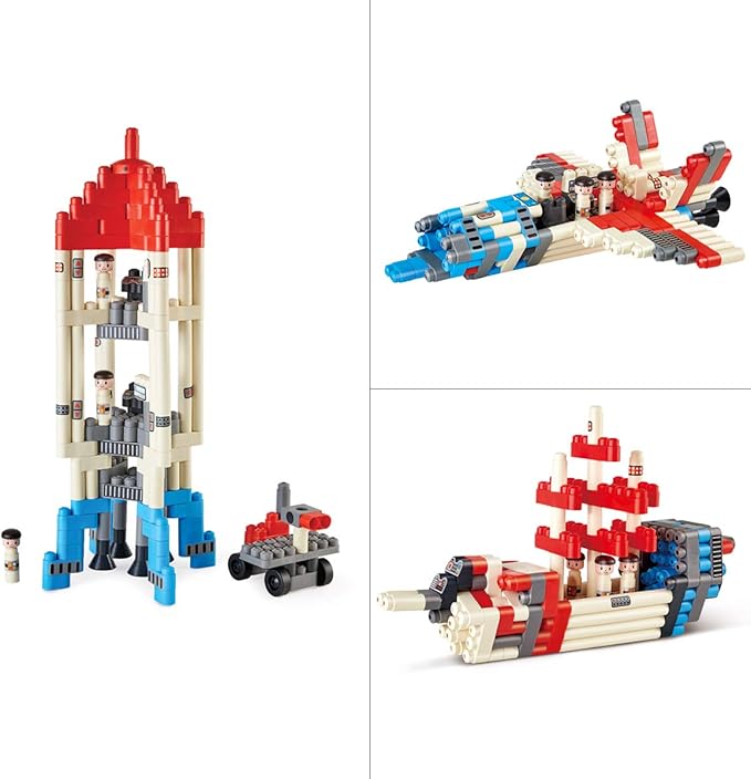 Hape PolyM Space Adventure Rocket Construction Kit | 138 Piece Building Brick Toy Play Set for Kids - Figurines and Accessories Included