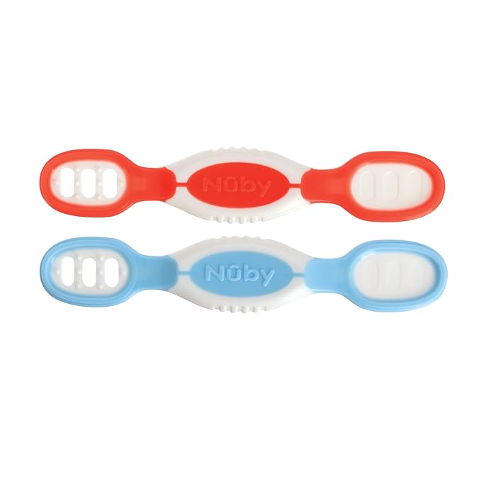 Nuby Dip & Scoop Spoons - (2-Pack) Baby Led Weaning Spoons for Babies - 6+ Months - Red and Blue