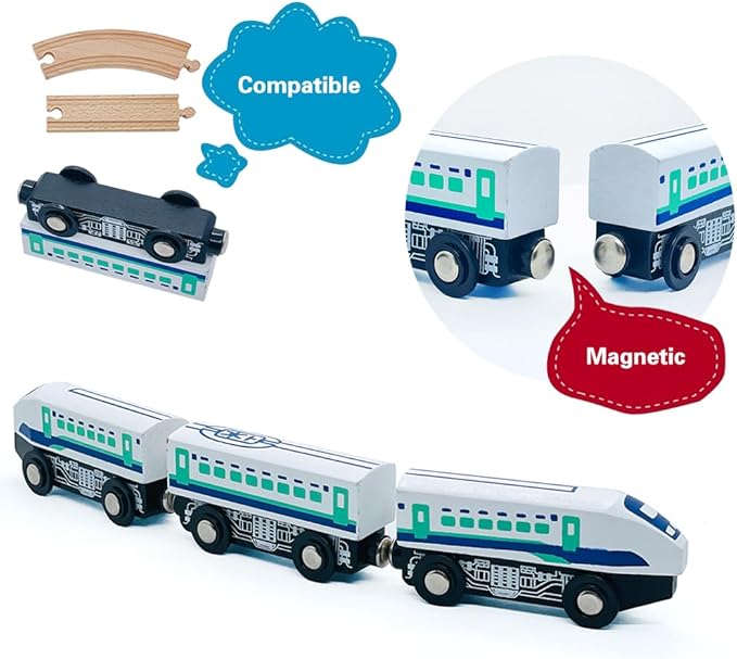 Wooden Bullet Train Cars Track Accessories Set High-Speed City Train Toys Fit for Wooden Train Track Railway for Boys and Girls (Bullet Train)