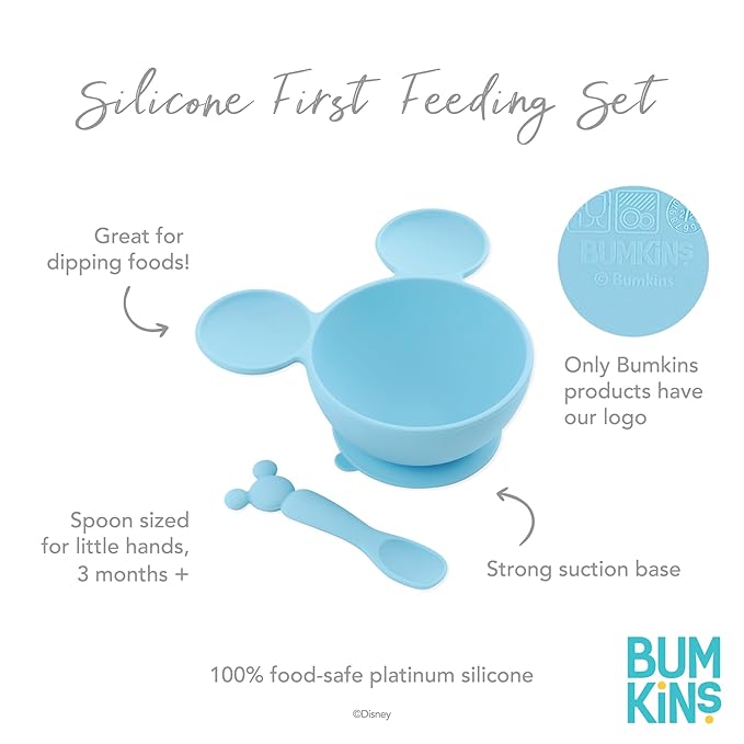 Bumkins Disney Baby Bowl, Silicone Feeding Set with Suction for Baby and Toddler, Includes Spoon and Lid, Essentials for Baby Led Weaning,for Babies 4 Months, Mickey Mouse Light Blue