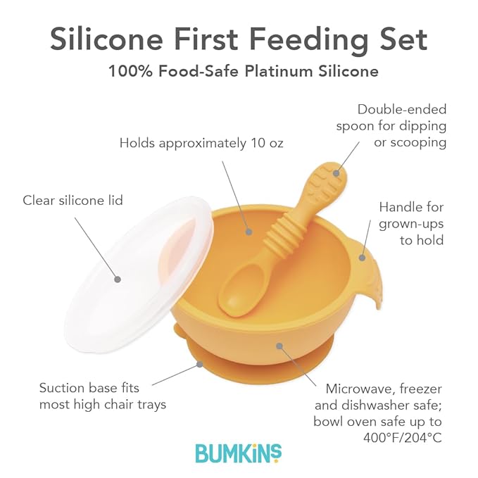 Bumkins Baby Bowl, Silicone Feeding Set with Suction for Baby and Toddler, Includes Spoon and Lid, First Feeding Set, Training Essentials for Baby Led Weaning for Babies 4 Months Up, Tangerine