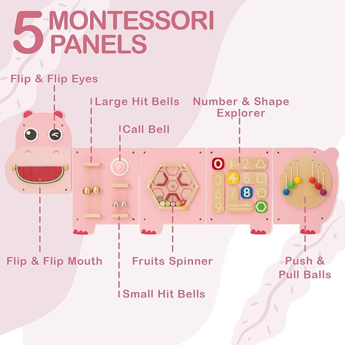 Monläurd® Hippo Montessori Educational Activity Cube, Sensory Wall Toys for Daycare and Playroom Furniture, Interactive Wooden Learning Toys for Boys and Girls 6M+