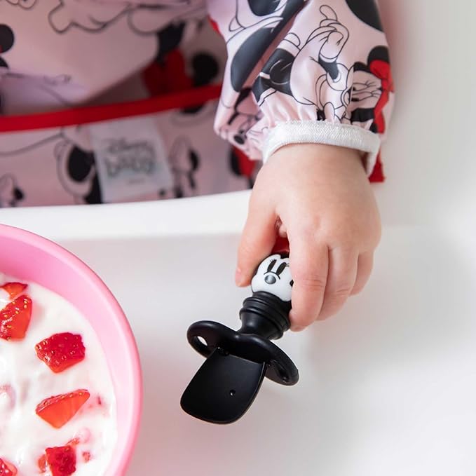 Bumkins Disney Baby Utensils Set, Chewtensils Silicone Spoons for Dipping, Self-Feeding, Baby Led Weaning, Trainer Learning, First Stage Eating, Soft Fork and Spoon, Babies 6 Months, Minnie Mouse