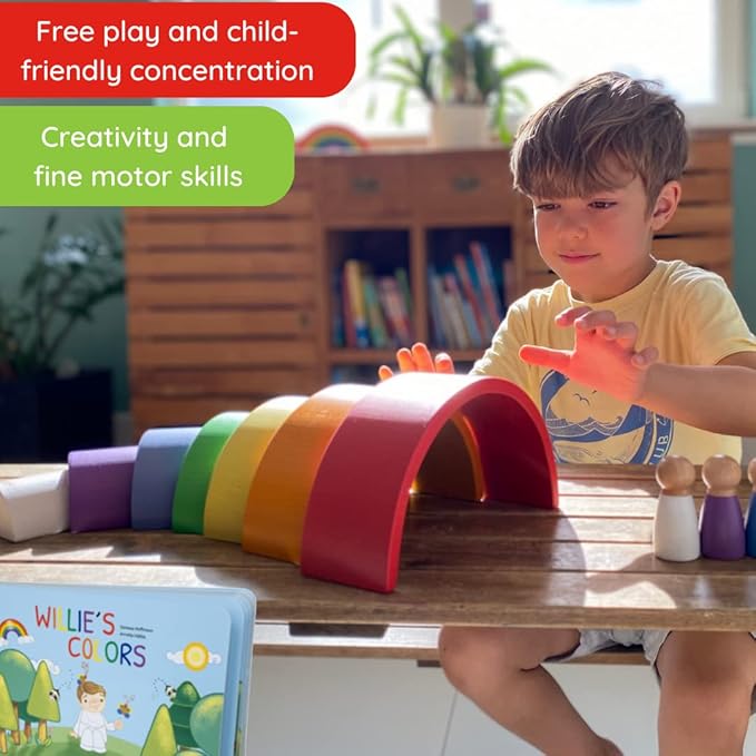 Montessori Nesting Rainbow Toy: Open-Ended Wooden Stacking Set with Arches, Peg Dolls & Story Book for Emotional Intelligence & Creative Play | Ages 3+ | 16 pcs | Premium Quality Tiger Wood