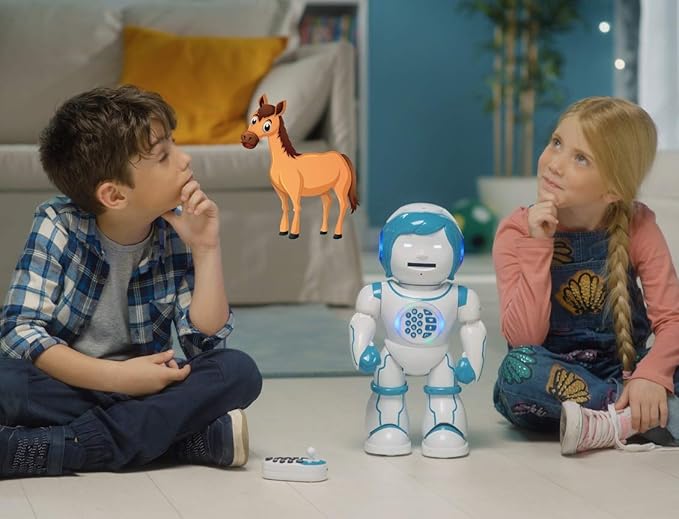 Lexibook Powerman Kid - Educational and Bilingual English/Spanish Robot - Walking Talking Dancing Singing Toy - STEM Programmable Telling Creating Stories - Quizzes Shooting Discs for Kids - ROB90US