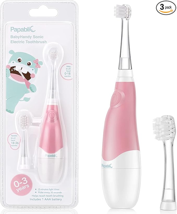 Papablic BabyHandy 2-Stage Sonic Electric Toothbrush for Babies and Toddlers Ages 0-3 Years, Pink