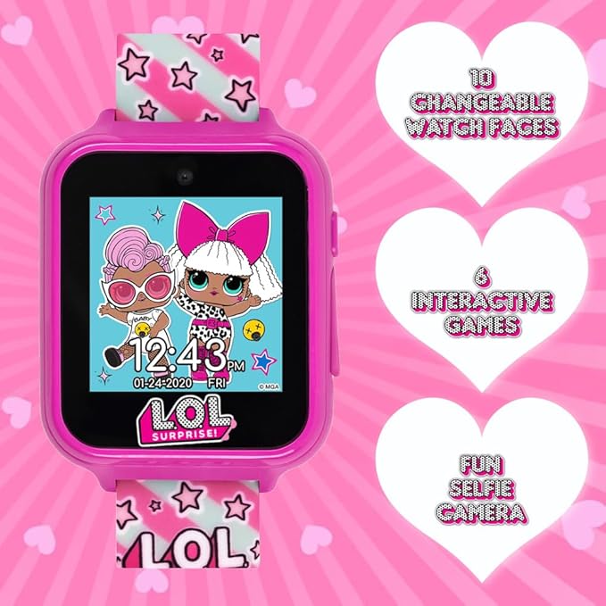 LOL Surprise Kids Interactive Smart Watch with Camera, Games, Voice Recorder, Step Counter, 10 Fun Watch Faces, Alarm, Timer, and Calculator - Ideal Tech Toy for Kids