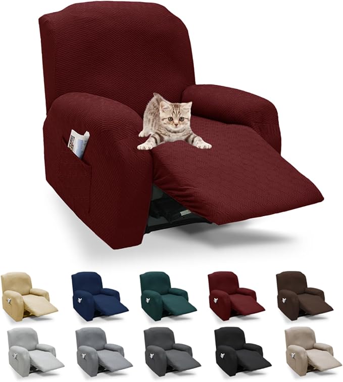 XINEAGE 4 Pieces Recliner Cover Stretch Jacquard Recliner Chair Covers Soft Recliner Slipcovers with Pocket for Kids and Pets, Washable Couch Cover (Recliner, Wine Red)