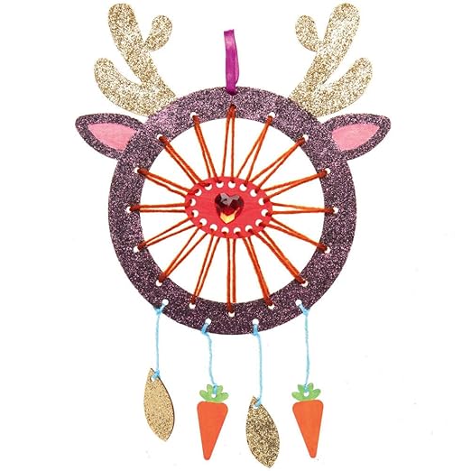 Baker Ross AX520 Reindeer Wooden Dreamcatcher Kits - Pack of 4, Create Your own Dream Catchers for Kids Arts and Crafts, Wall Decorations and an Introduction to Sewing